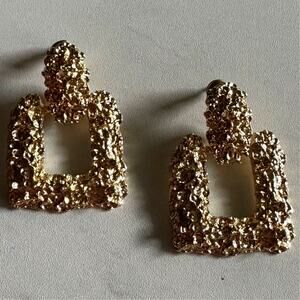 Geometric Door Knocker Drop Earrings Gold. Pierced Hanging Statement Earrings